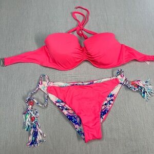 Victoria's Secret Push Up Bikini Reversible Bottoms size L 36DD Fringe Hot Pink